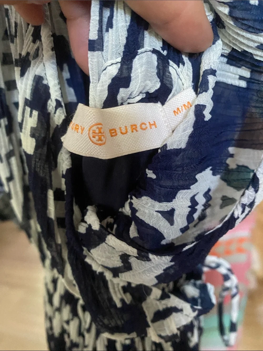 Tory Burch Navy and White Printed Maxi Dress with Tassel Tie